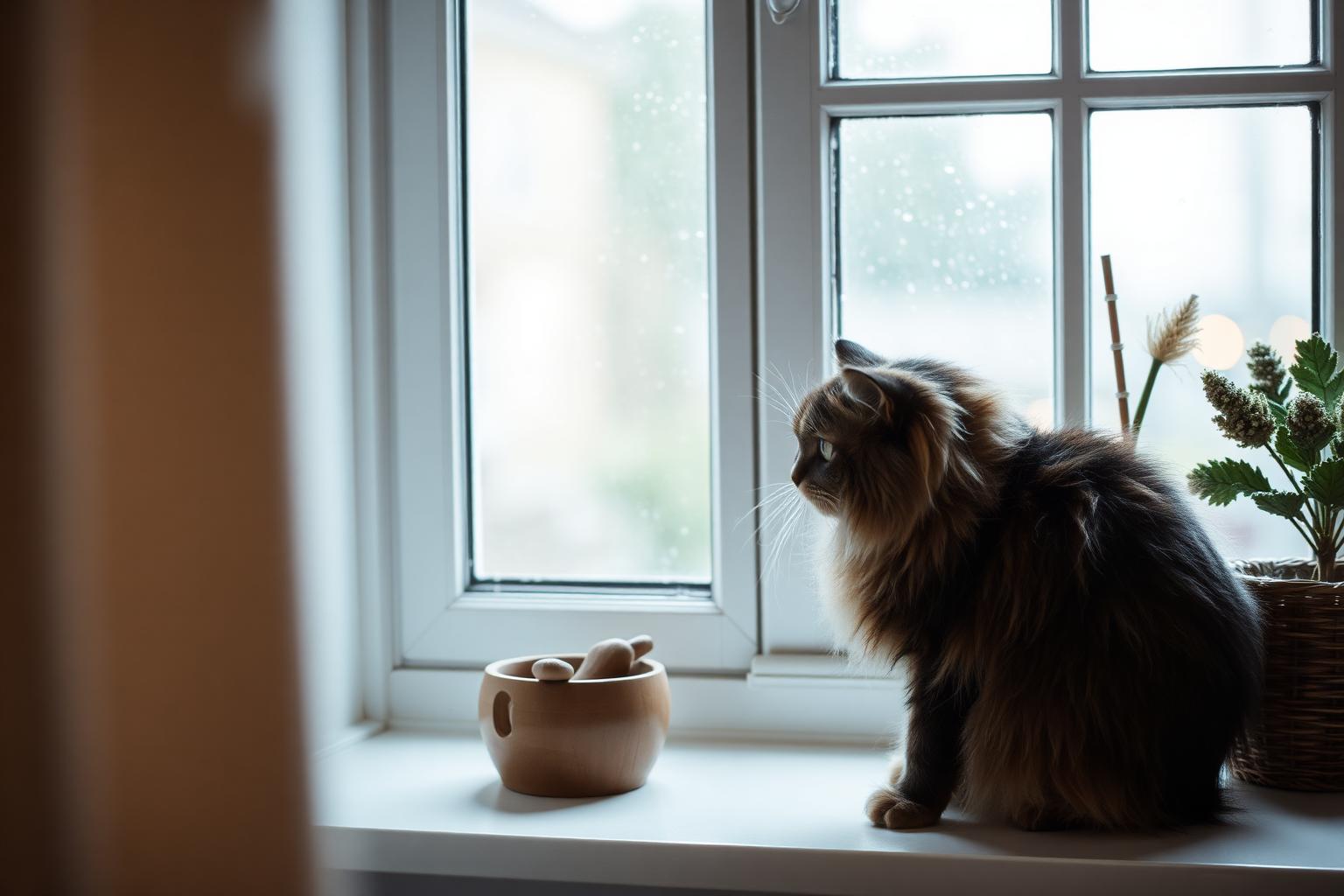 Koselig katt på vinduskarm